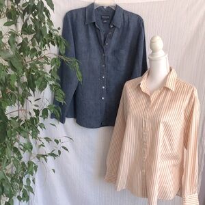 ANN TAYLOR & LOFT sz LP collar long sleeve button down jean & peach striped top